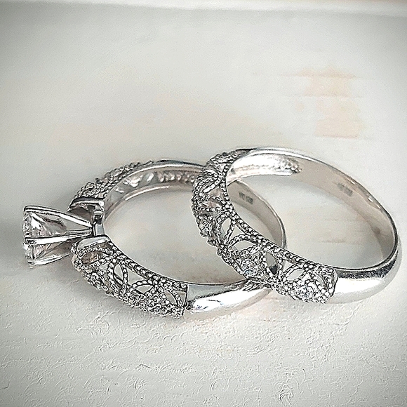 Vintage Style Sterling Silver Filigree Bridal Ring Set CZ Milgrain Details 925 - Picture 2 of 12
